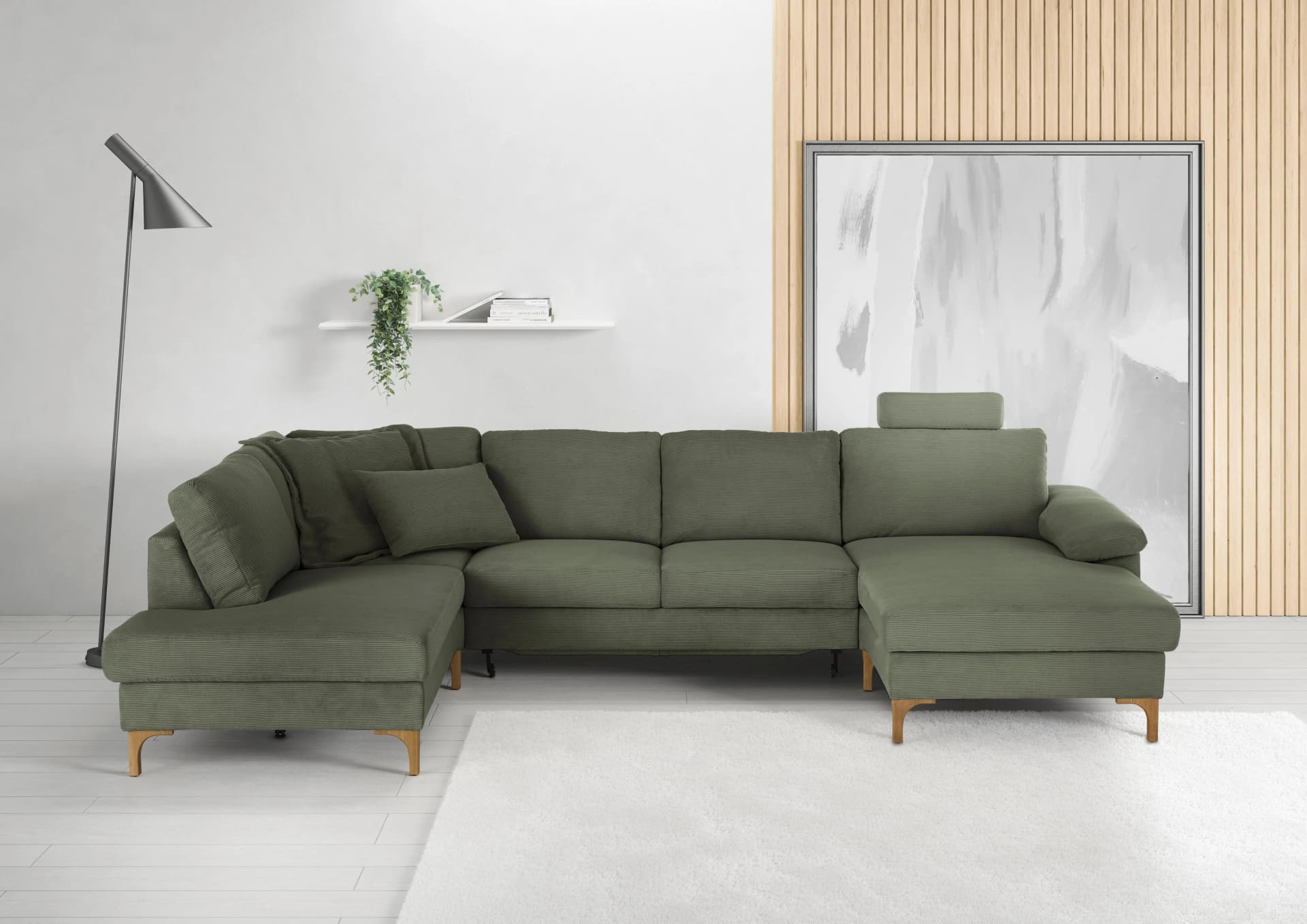 CANDY Wohnlandschaft 3C Lecce U-Form Oliv Feincord mit Bettkasten