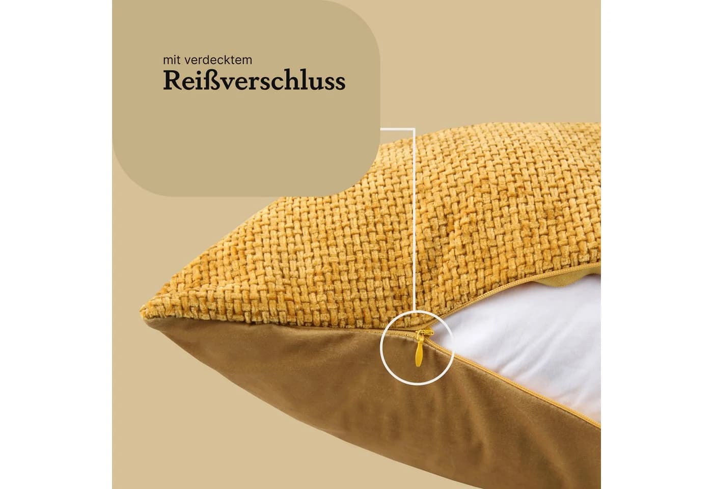 Bestlivings Kissenhülle Chenille Senf 60x60cm Verdeckter Reißverschluss - Bild 5