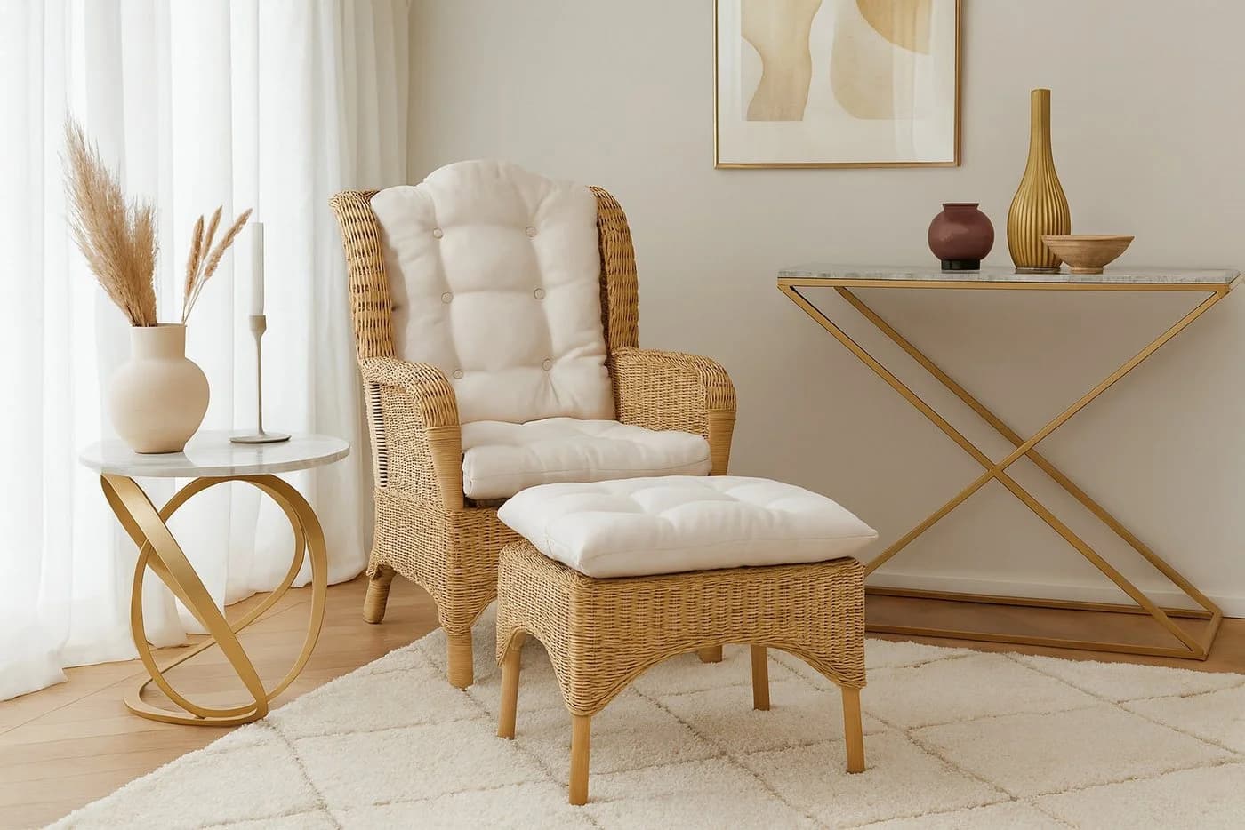 moebel-direkt-online Ohrensessel Samuel mit Hocker & Kissen Beige Rattan - Bild 2