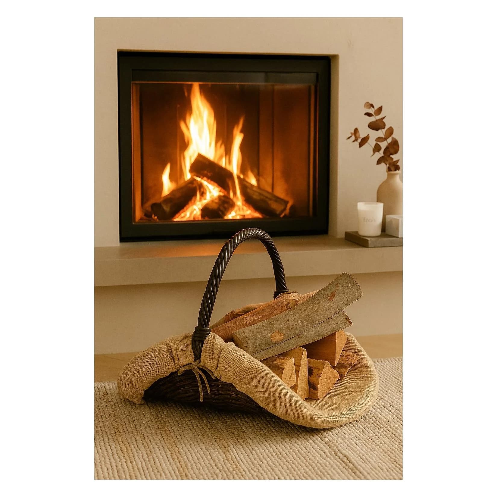 Kaminholzkorb Rattan Braun mit Jute-Innenfutter und Tragegriff