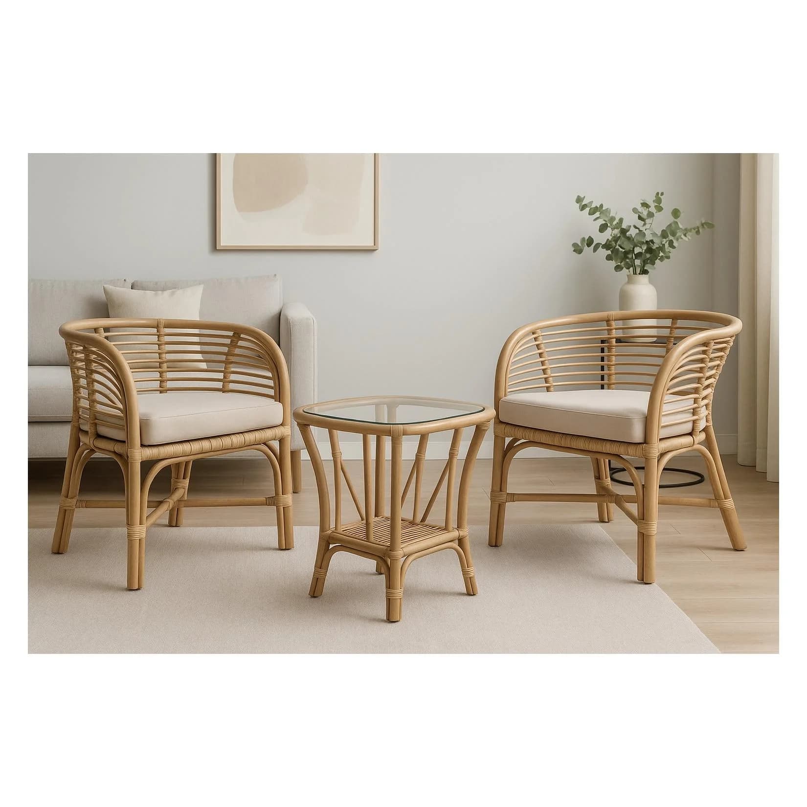 3tlg. Rattansitzgruppe mit Sitzkissen und Glastisch