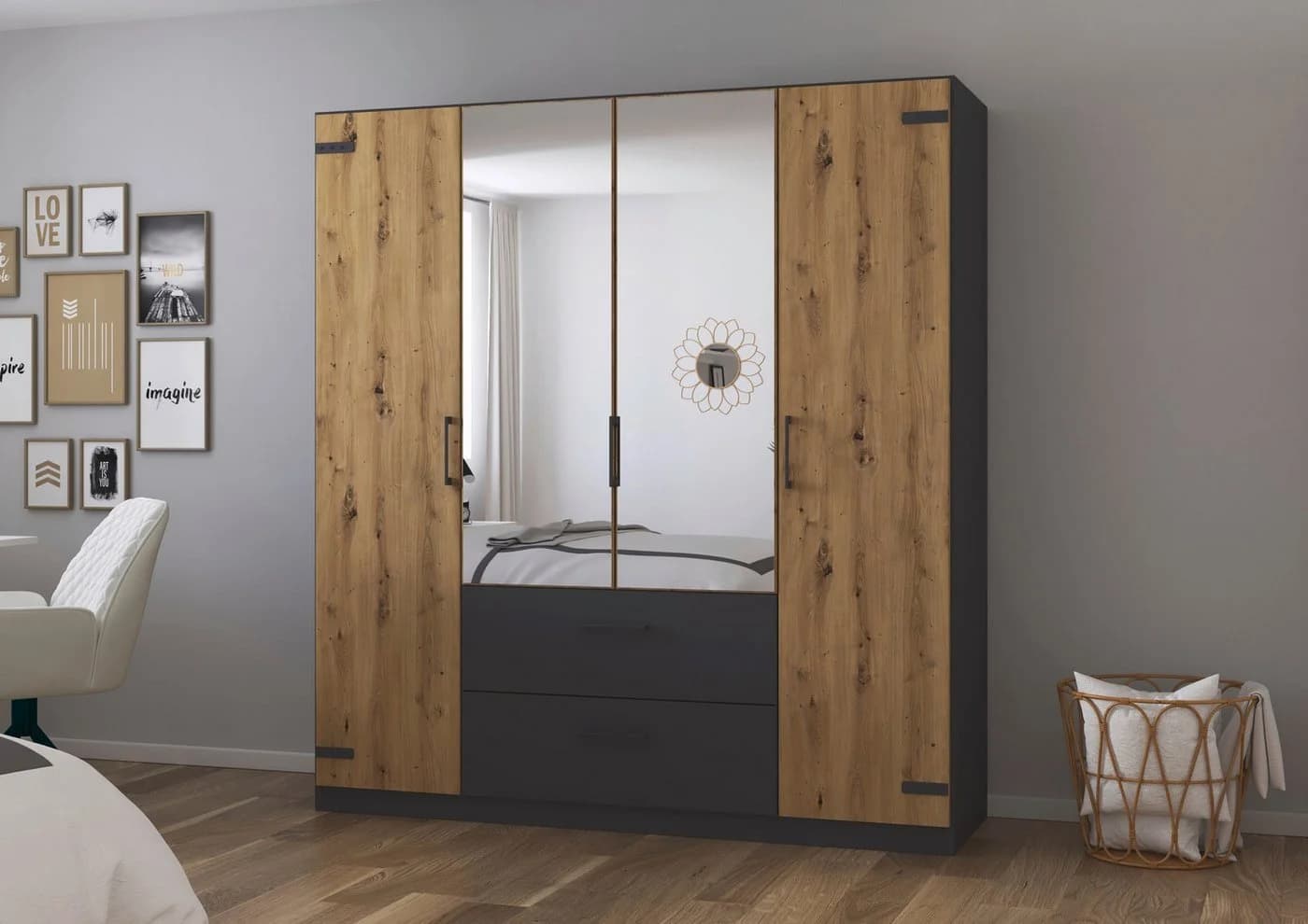 RAUCH Holmes Drehtürenschrank Grau Eiche Artisan Industrial Style mit Spiegel