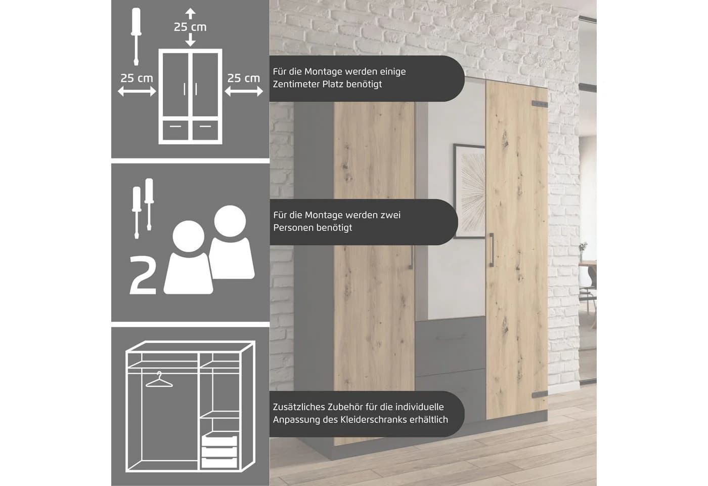 RAUCH Holmes Drehtürenschrank Grau Eiche Artisan Industrial Style mit Spiegel - Bild 4