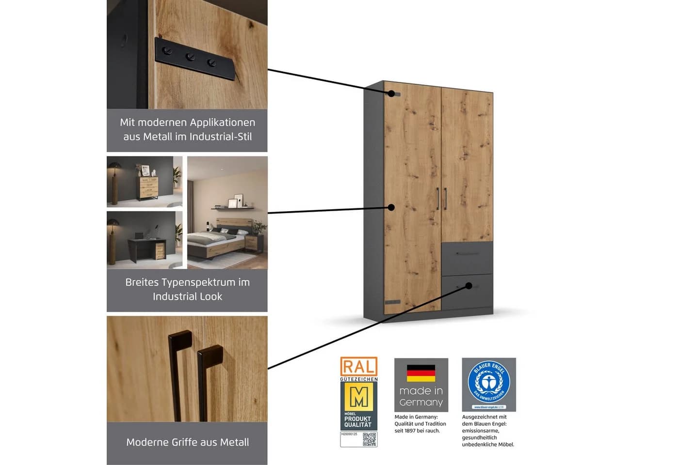 RAUCH Holmes Drehtürenschrank Grau Eiche Artisan Industrial Style mit Spiegel - Bild 5