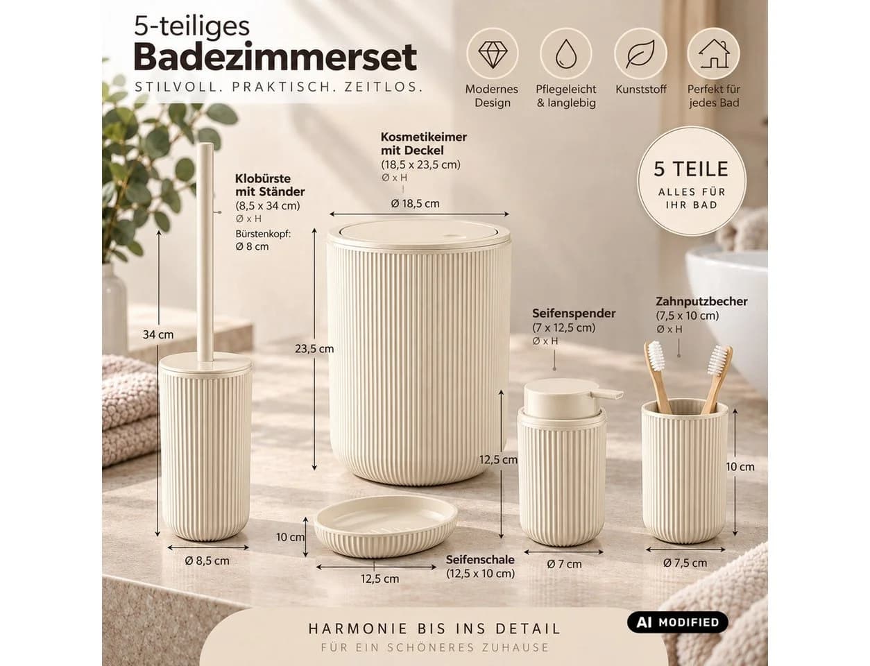 Axentia 5-teiliges Badaccessoire-Set Creme Kunststoff - Bild 4