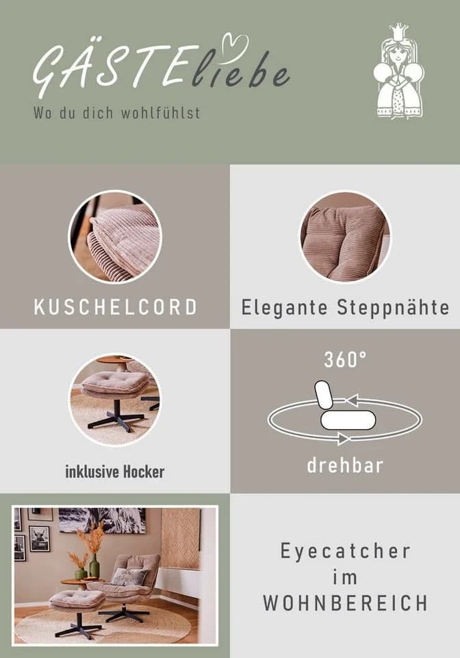 Jockenhöfer Kasper Relaxsessel mit Hocker Cord Grau-Beige - Bild 4