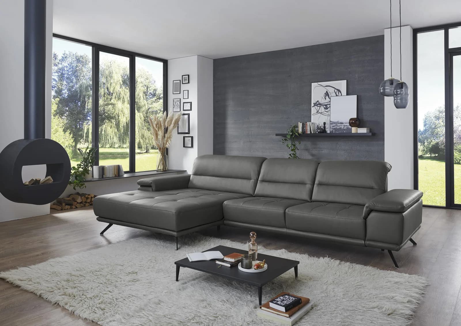 Ecksofa DIE PLANBAR PN-EM19074 L-Form anthrazit Glattleder mit Verstellfunktion