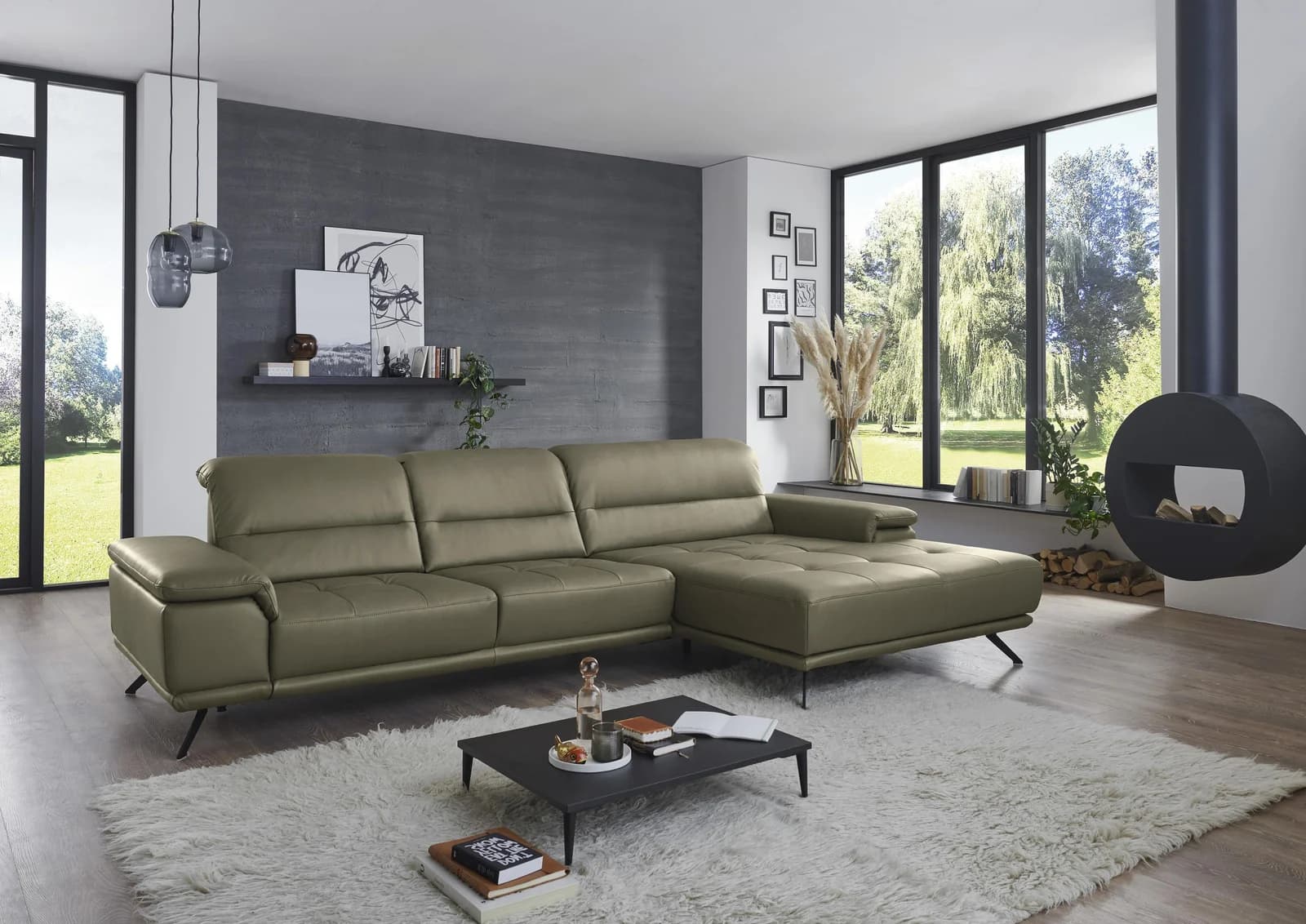 Ecksofa DIE PLANBAR PN-EM19074 Glattleder Olive mit Ottomane
