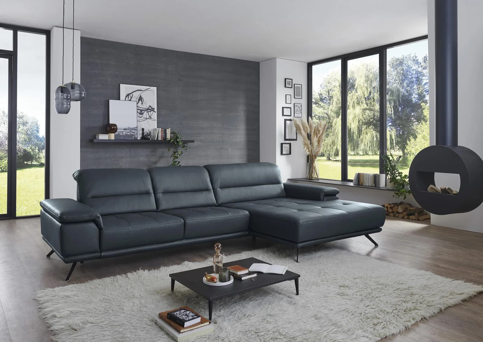 Ecksofa DIE PLANBAR L-Form Glattleder blau graphite mit Sitztiefenverstellung