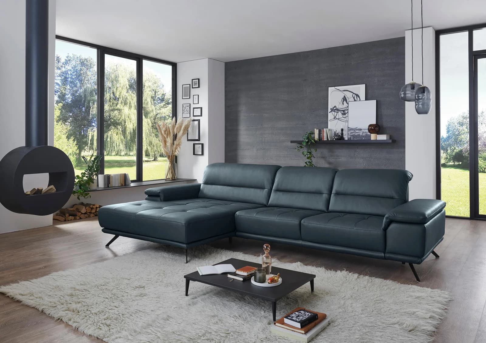 Ecksofa DIE PLANBAR L-Form Graphitblau mit Sitztiefen- und Kopfteilverstellung