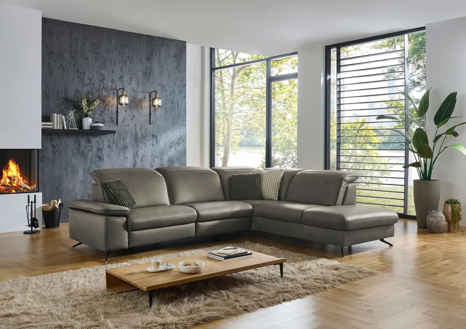 Ecksofa DIE PLANBAR PN-EM20091 L-Form grau Leder Kopfteilverstellung