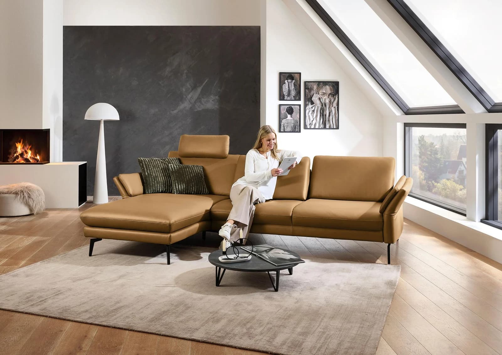 DIE PLANBAR Ecksofa L-Form 289 cm Glattleder braun mit Verstellfunktion