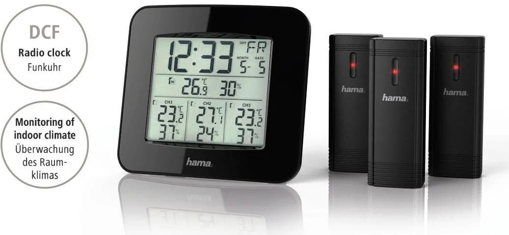 HAMA Wetterstation EWS-Trio mit 3 Sensoren Schwarz DCF-Funkuhr - Bild 5