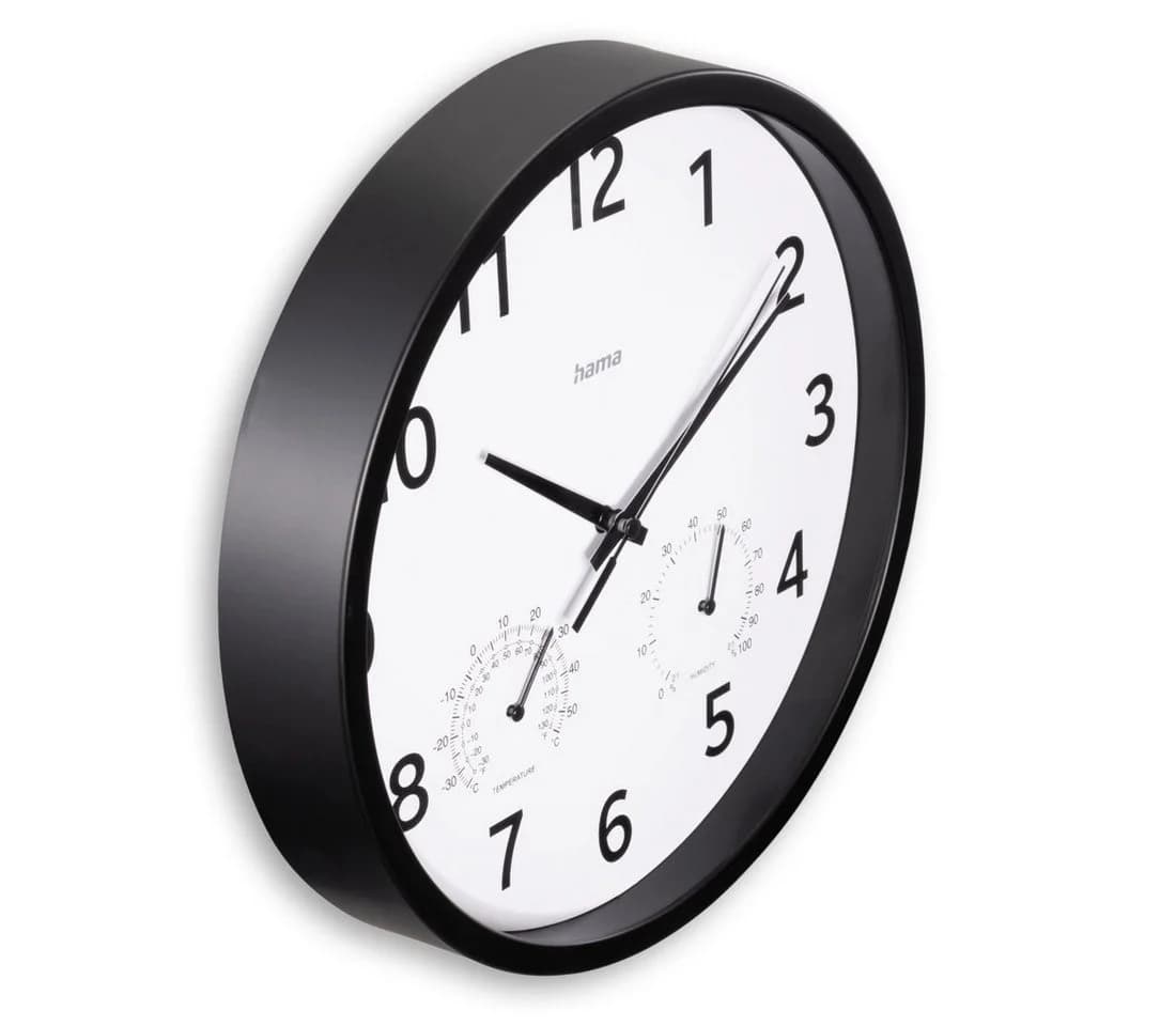 Hama Wanduhr Malta Schwarz Weiß Analog mit Thermo-/Hygrometer