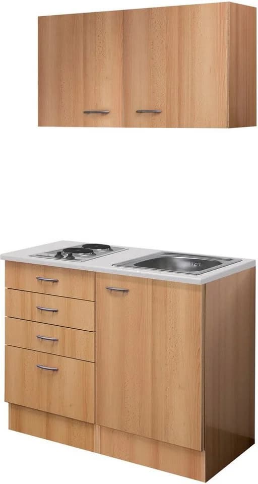 Flex-Well Küchenzeile Nano 100 cm Holzlook mit Kochfeld und Spüle