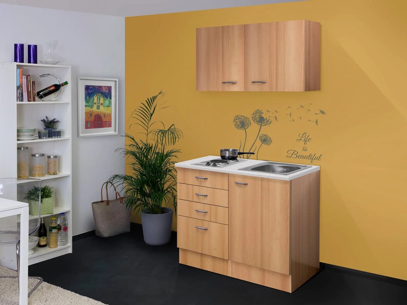 Flex-Well Küchenzeile Nano 100 cm Holzlook mit Kochfeld und Spüle - Bild 5