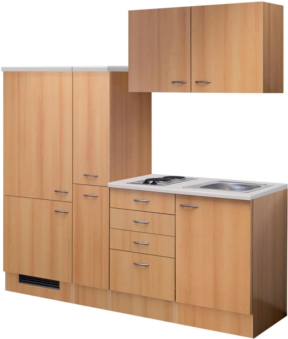 Küchenzeile FLEX-WELL Nano Braun mit Apothekerschrank und Einbau-Kühlschrank
