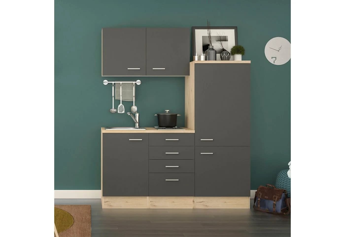 Flex-Well Küchenzeile Morena 160 cm mit Kühlschrank, Kochfeld und Spüle