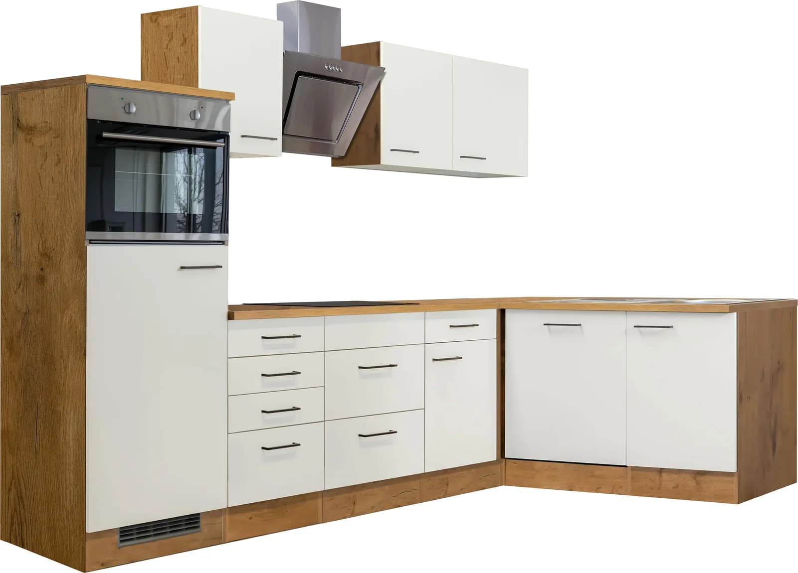 Küchenzeile FLEX-WELL Vintea Weiß Winkelküche Lancelot Oak