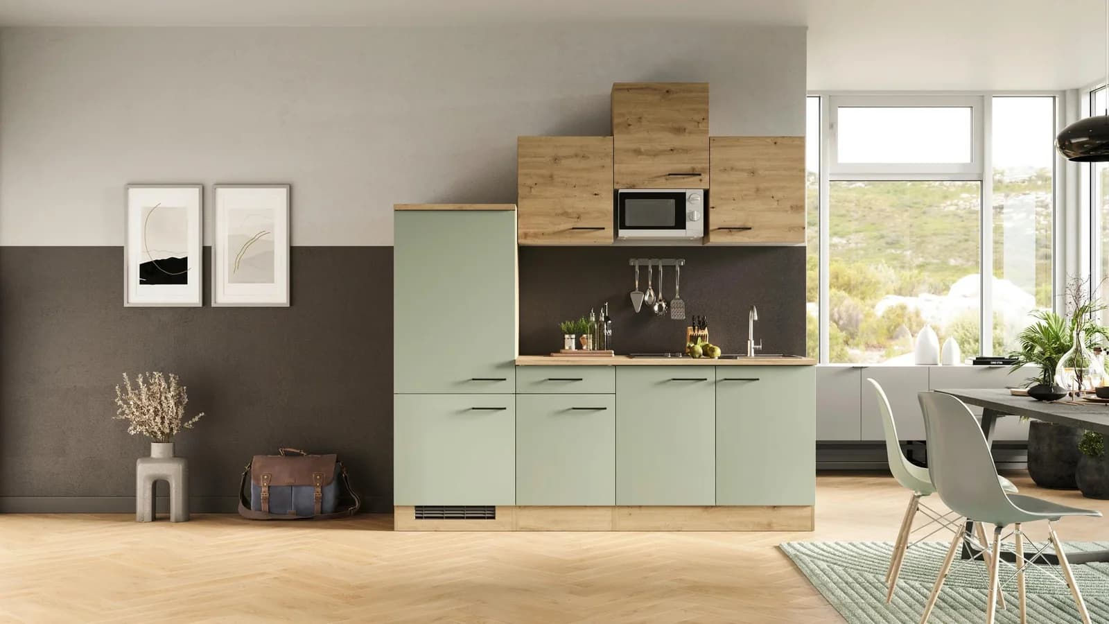 Küchenzeile FLEX-WELL Cara Grün mit Elektrogeräten