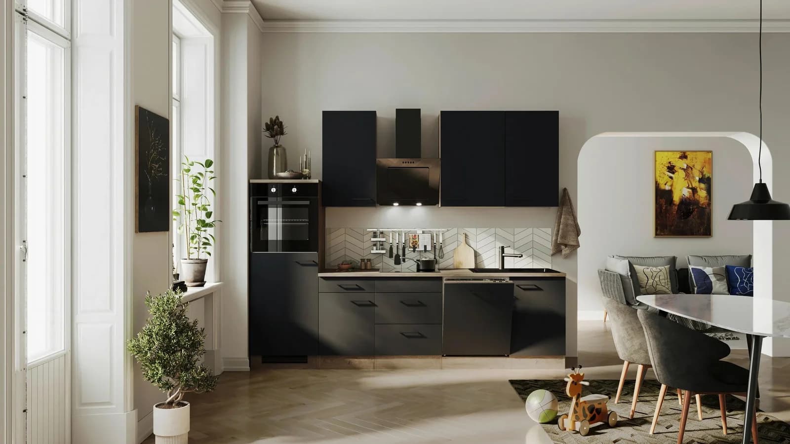 Küchenblock Capri Schwarz/Eichefarben Holz