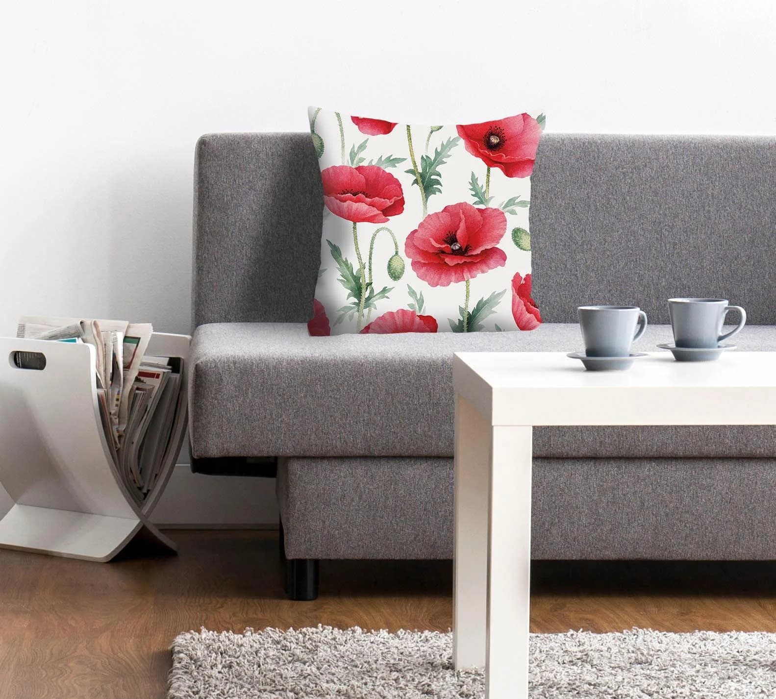 QUEENCE Dekokissen Leon Rot Mohnblumen Polyester Kissenhülle