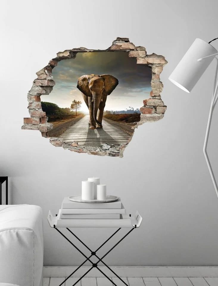 queence Wandtattoo Elefant Beige 3D Wanddurchbruch