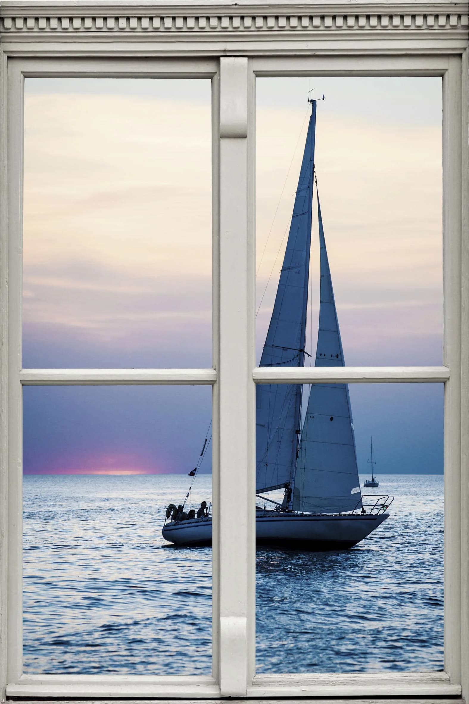 QUEENCE Wandsticker Segelschiff Blau 3D Fensterdurchbruch
