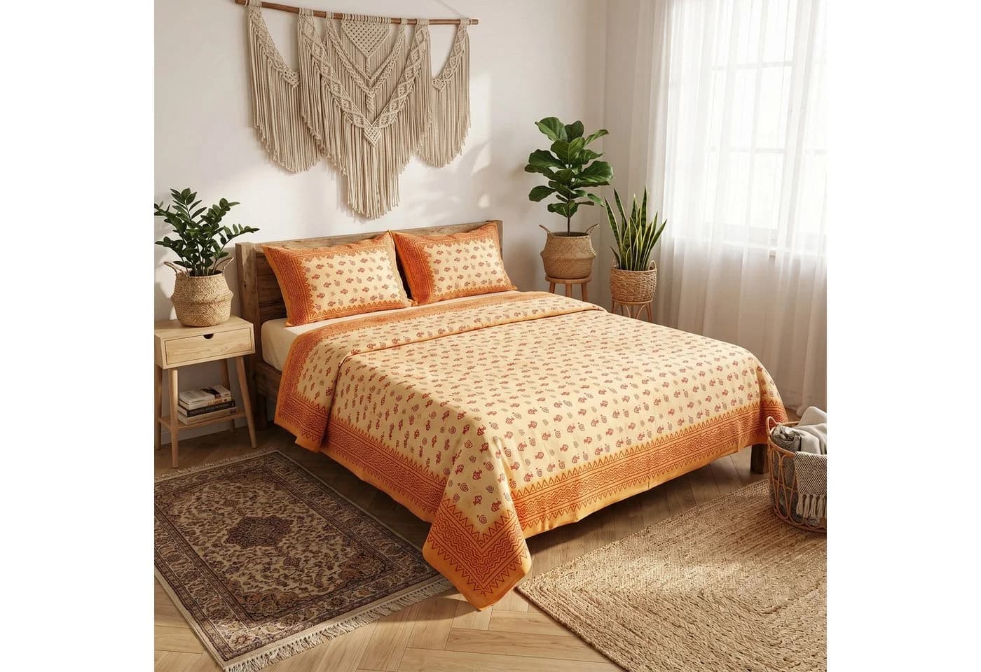 Guru-Shop Tagesdecke Blockdruck Gelb/Orange 100% Baumwolle