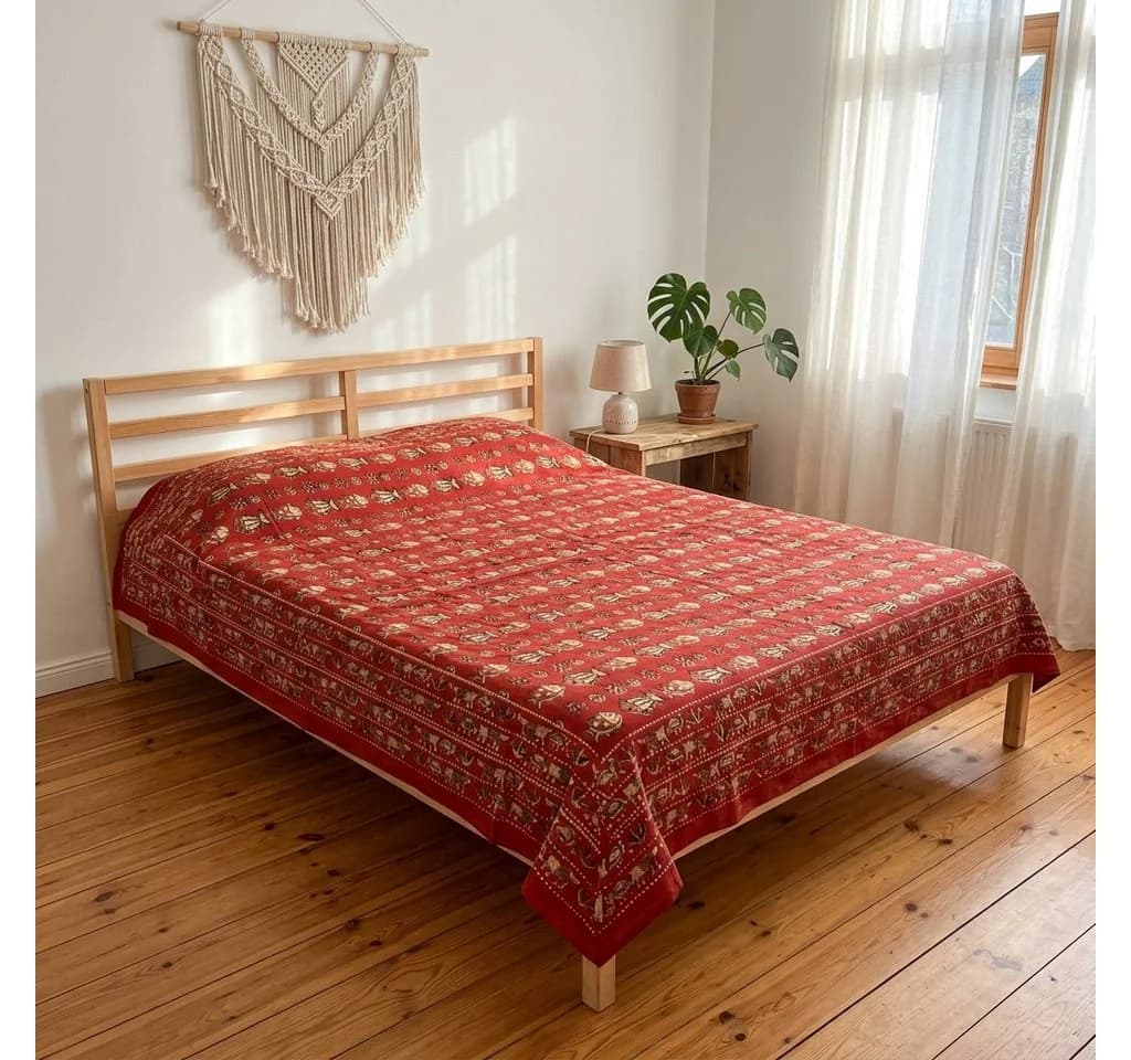Guru-Shop Tagesdecke Blockdruck Schwarz Rot Braun 100% Baumwolle