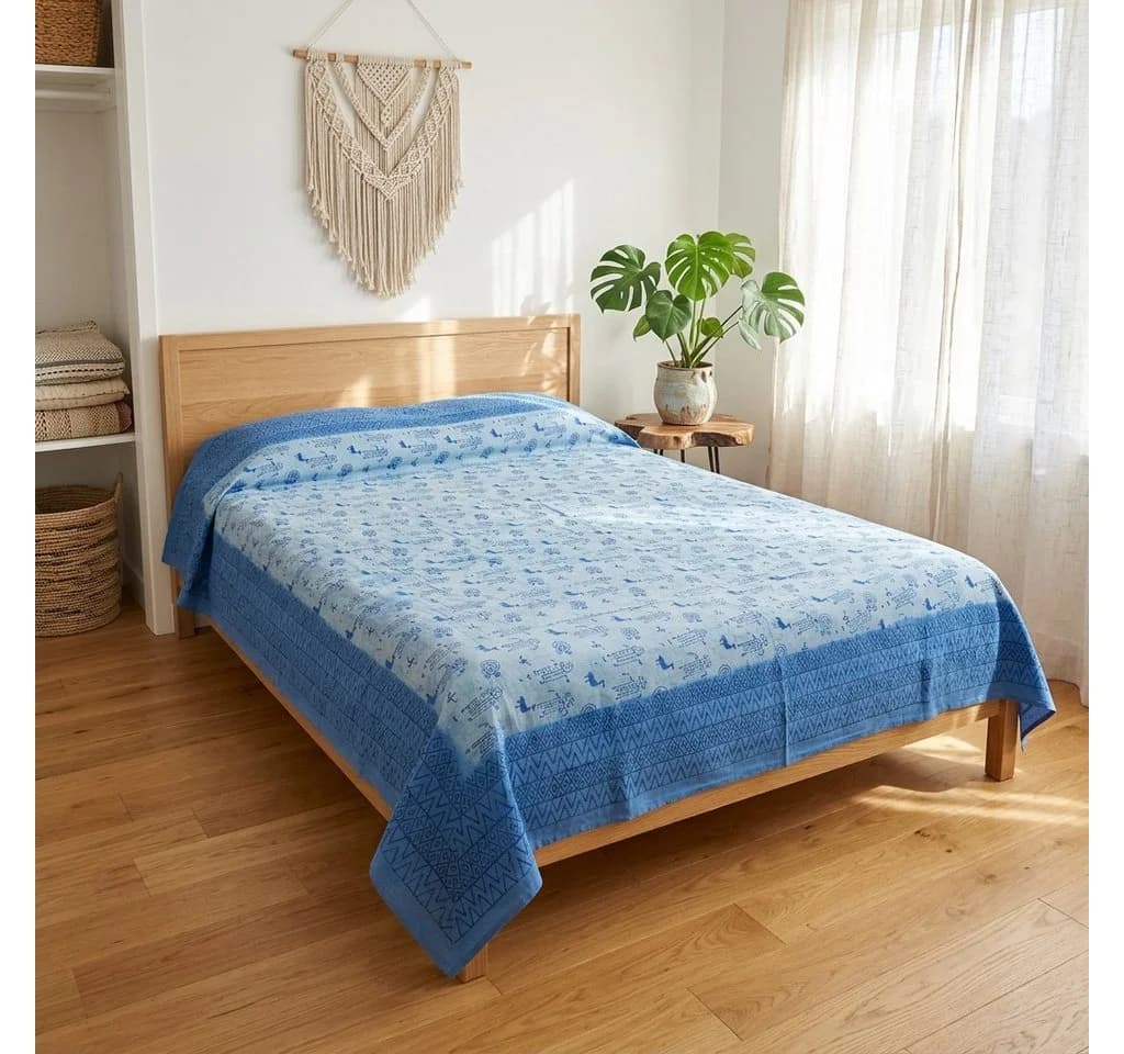 Guru-Shop Tagesdecke Blockdruck Creme-Weiß/Blau 100% Baumwolle