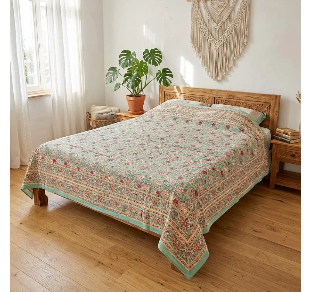 Guru-Shop Tagesdecke Blockdruck Creme-Weiß/Rot/Grün/Türkis