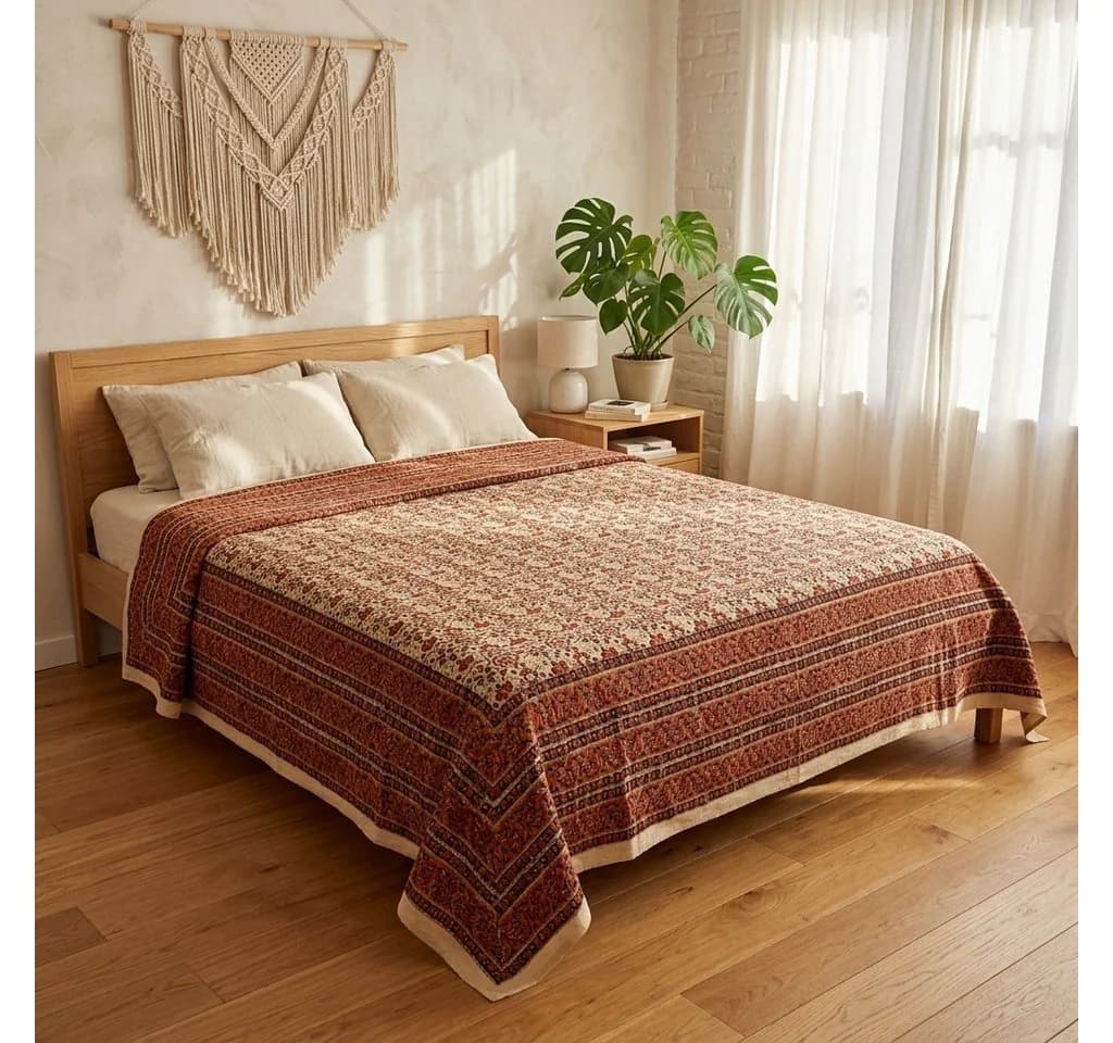 Guru-Shop Tagesdecke Blockdruck Braun/Rot/Weiß 150x200 cm