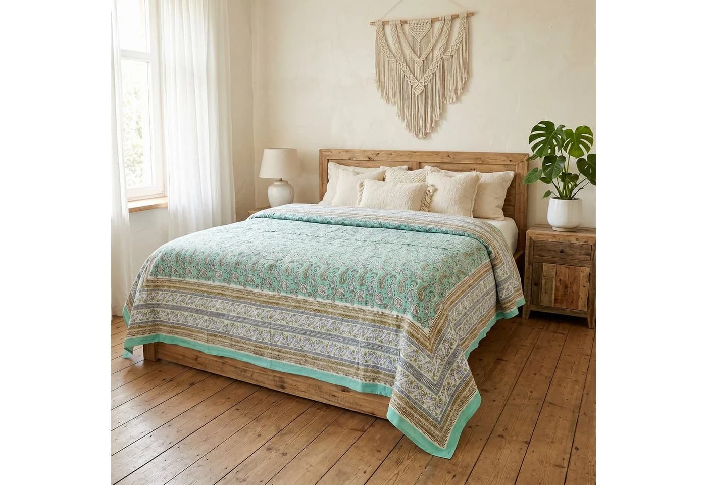 Guru-Shop Tagesdecke Blockdruck Creme-Weiß/Grün/Blau