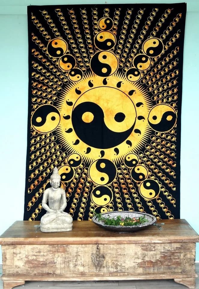 Guru-Shop Tagesdecke Boho Style Yin Yang goldgelb Baumwolle