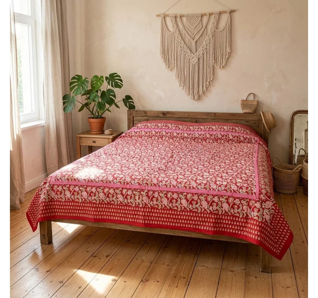 Guru-Shop Tagesdecke Blockdruck Hellbraun 100% Baumwolle