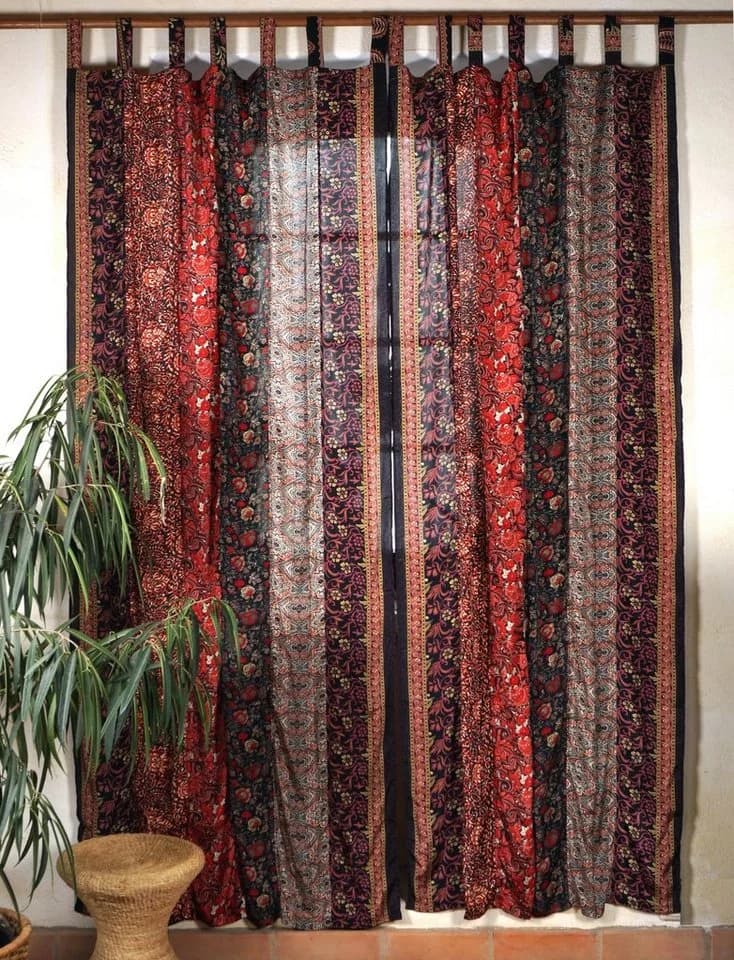 Guru-Shop Boho Patchwork Vorhänge Dunkelrot 1 Paar Sareestoff - Bild 2