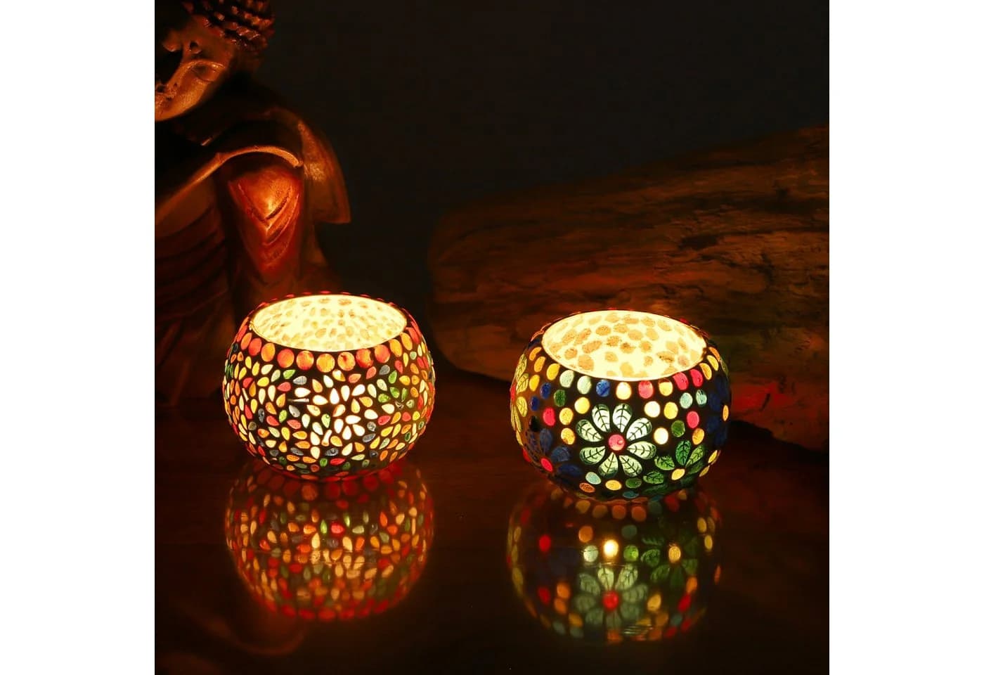 Guru-Shop Windlicht 2 handgearbeitete Glas Mosaik Windlichter