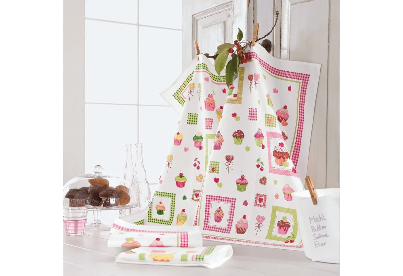 Erwin Müller Geschirrtuch 4er-Pack Baumwolle Muffin-Motiv Bunt