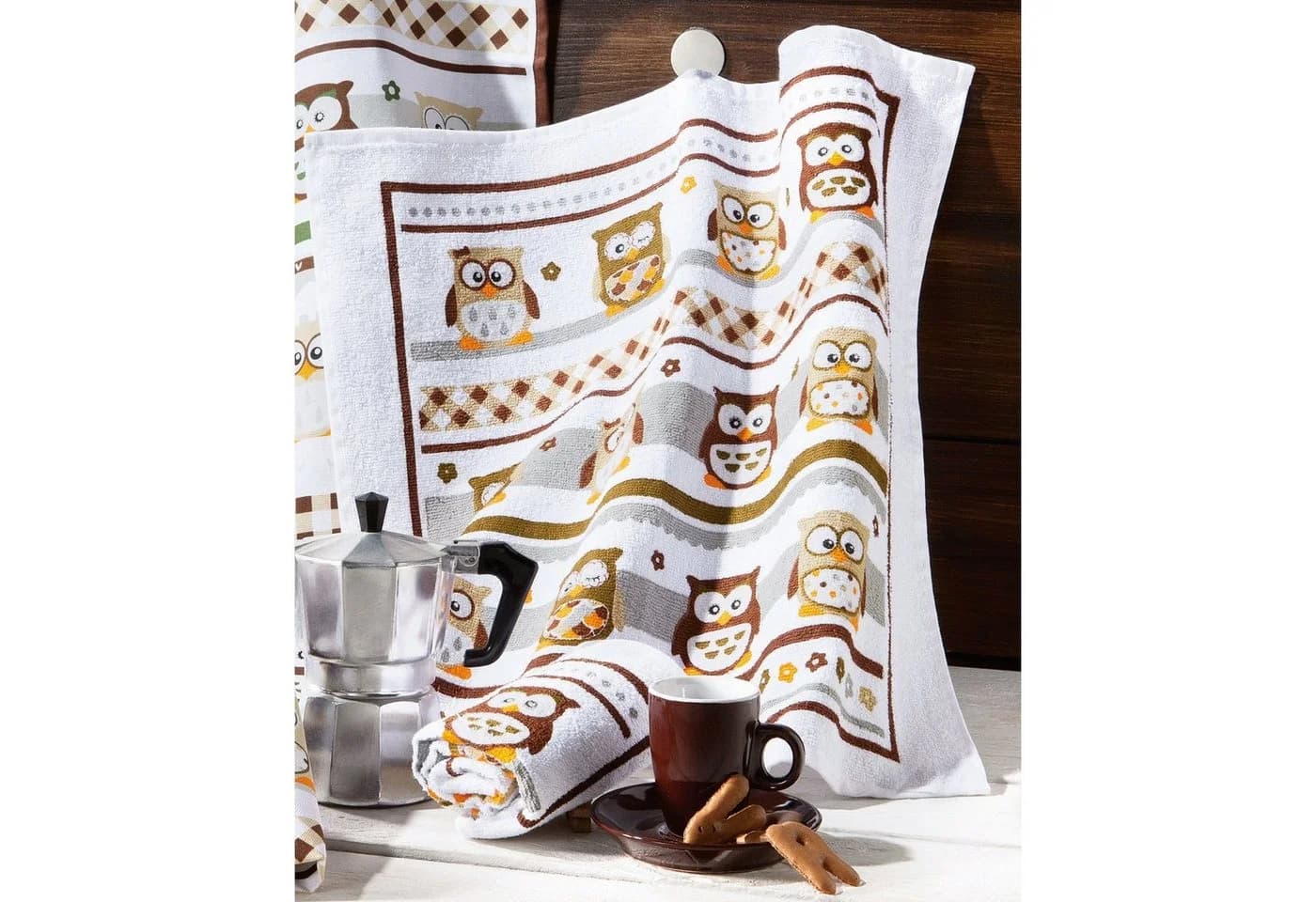 Kracht Frottier-Geschirrtuch 2er-Pack 100% Baumwolle Weiß Eulen-Motiv - Bild 3