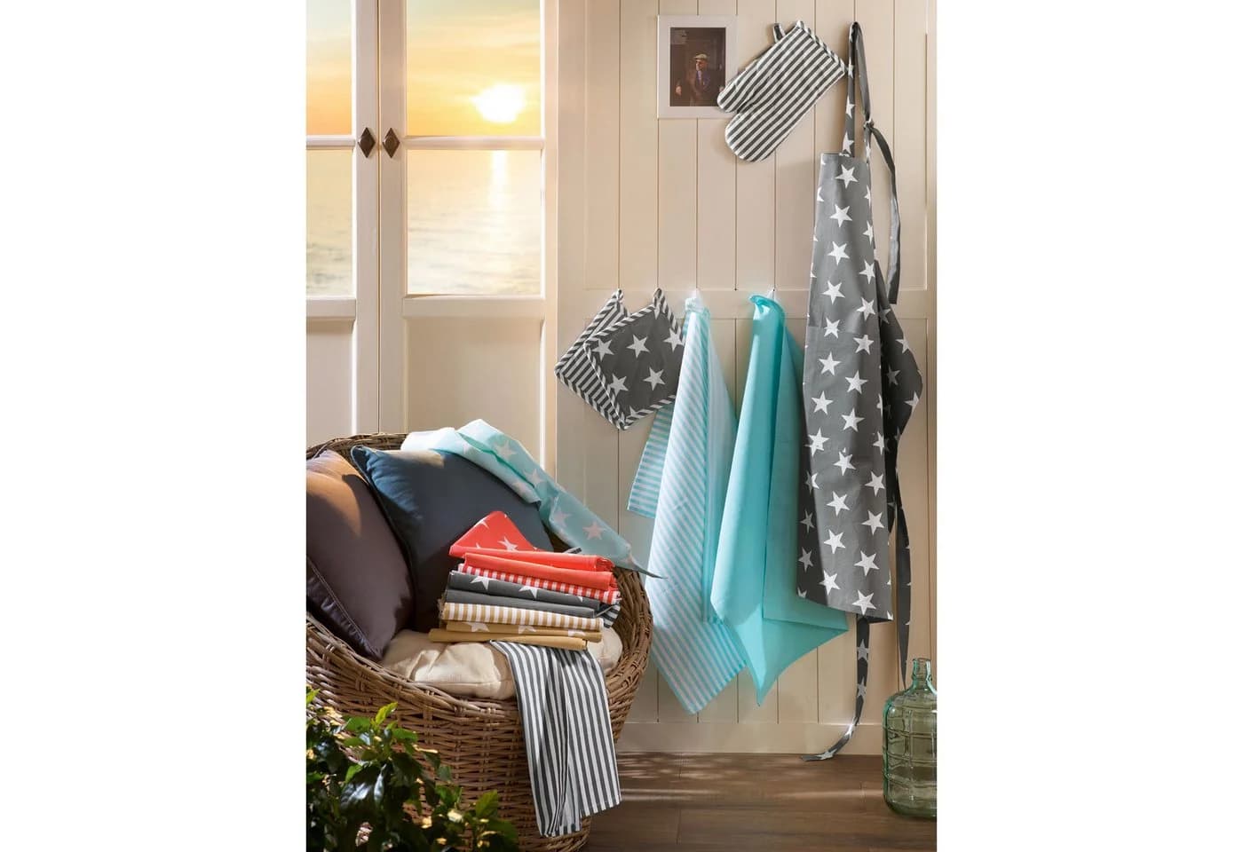REDBEST Geschirrtuch 6er-Pack Baumwolle Streifen Sterne Grau Beige