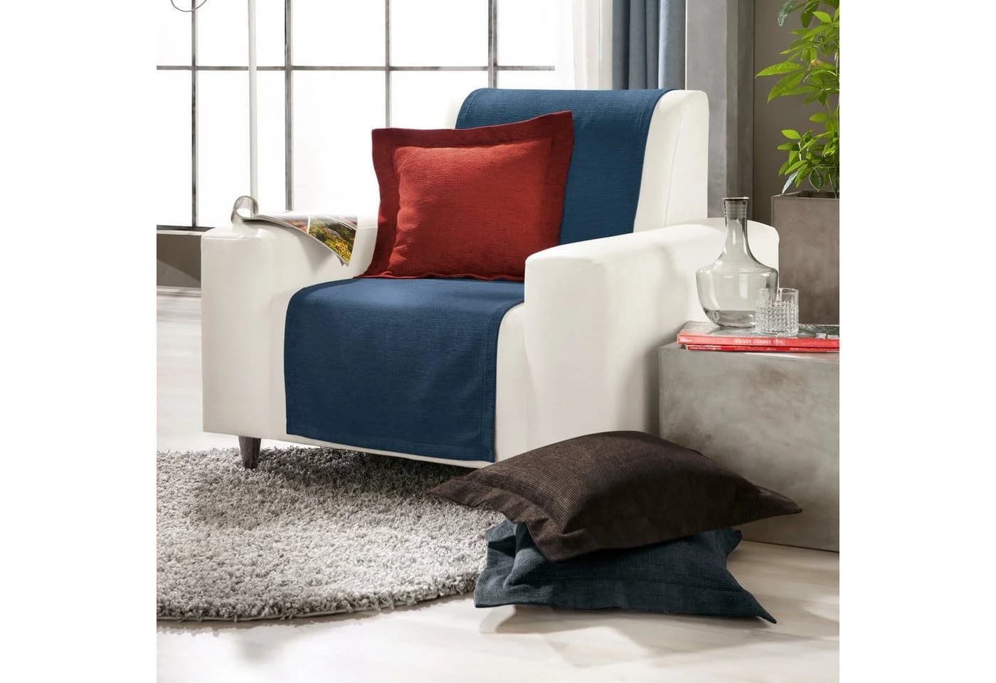 Erwin Müller Sesselschoner Chenille-Jacquard Uni Blau - Bild 3