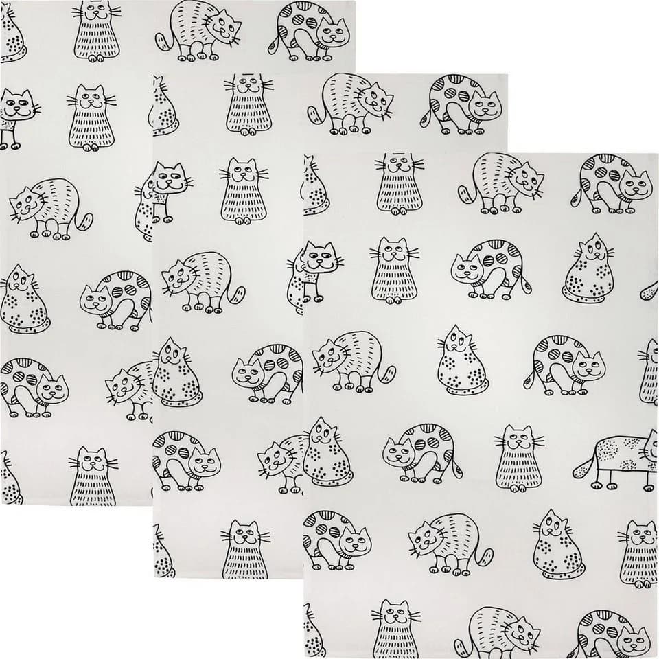 Kracht Geschirrtuch "Katzenreihe" 3er-Pack Halbleinen Motiv