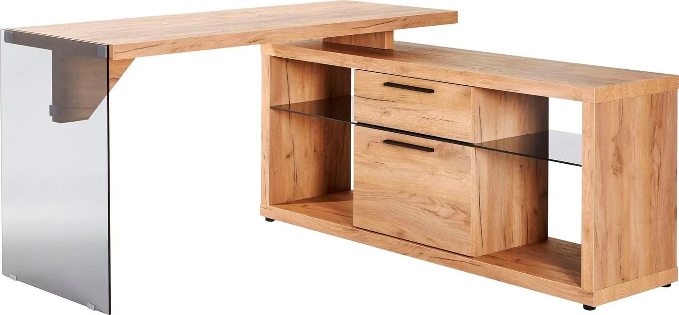 Eckschreibtisch JAHNKE LUX mit Schubladen und Glas