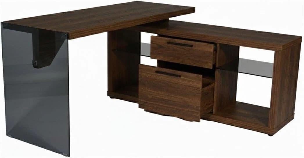 JAHNKE Eckschreibtisch LUX Walnuss Grauglas mit Schubladen