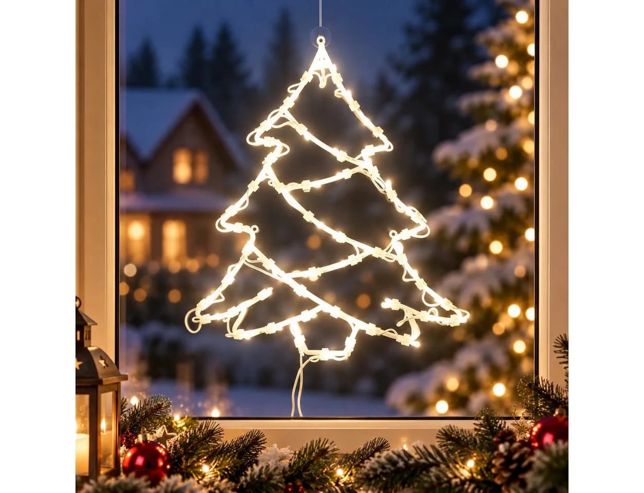 DEGAMO Beleuchtetes Fensterbild Tannenbaum 50 LED Weiß