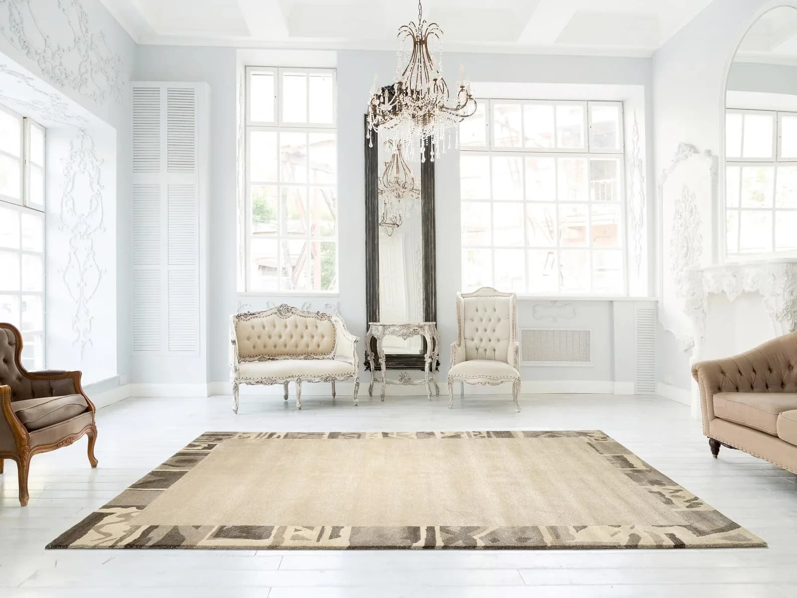 OCI Designteppich AWARD SUNTALI BORDER Handgeknüpft Nepal Beige Grau Braun