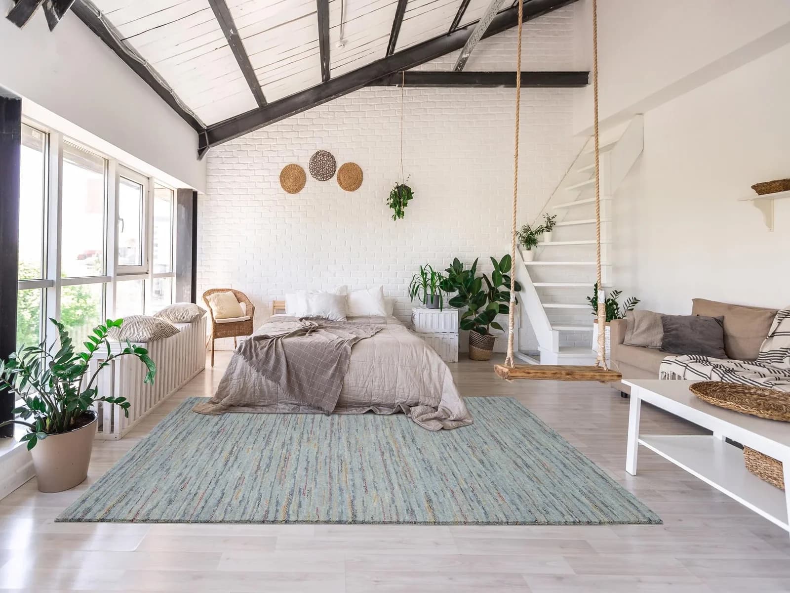 OCI Nepal Wollteppich Himali Linea Handgeknüpft Gestreift Beige Blau Grau