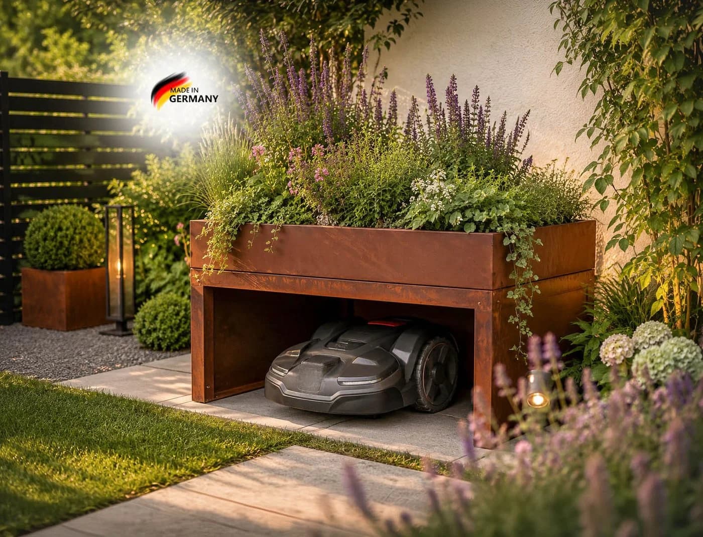 BADEKO Mähroboter-Garage mit Pflanzeinfassung Edelrost - Bild 2
