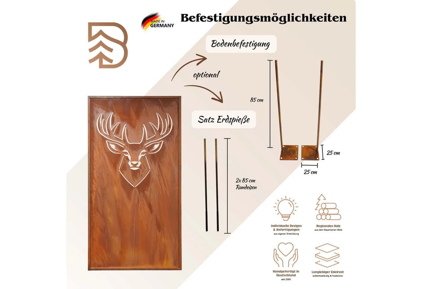 BADEKO Sichtschutzelement Paravent Hirsch Cortenstahloptik Metall - Bild 3